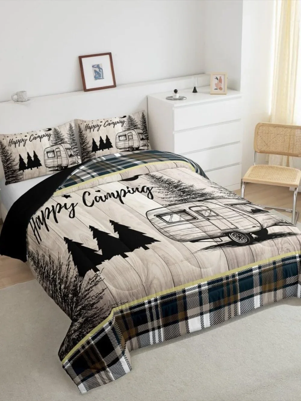 RV Camper Queen Comforter Set,Rustic Camping Bedding Sets for Travel Trailer,Cab